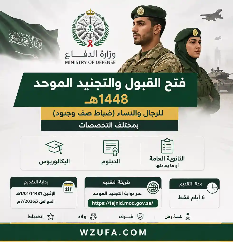 وظائف وزارة الدفاع 1448 - فتح القبول والتجنيد الموحد وظائف وزارة الدفاع 1448 للرجال والنساء فتح القبول والتجنيد الموحد